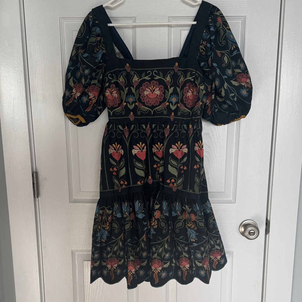 NWT FARM Rio Black Floral Square-Neck Puff-Sleeve Dress